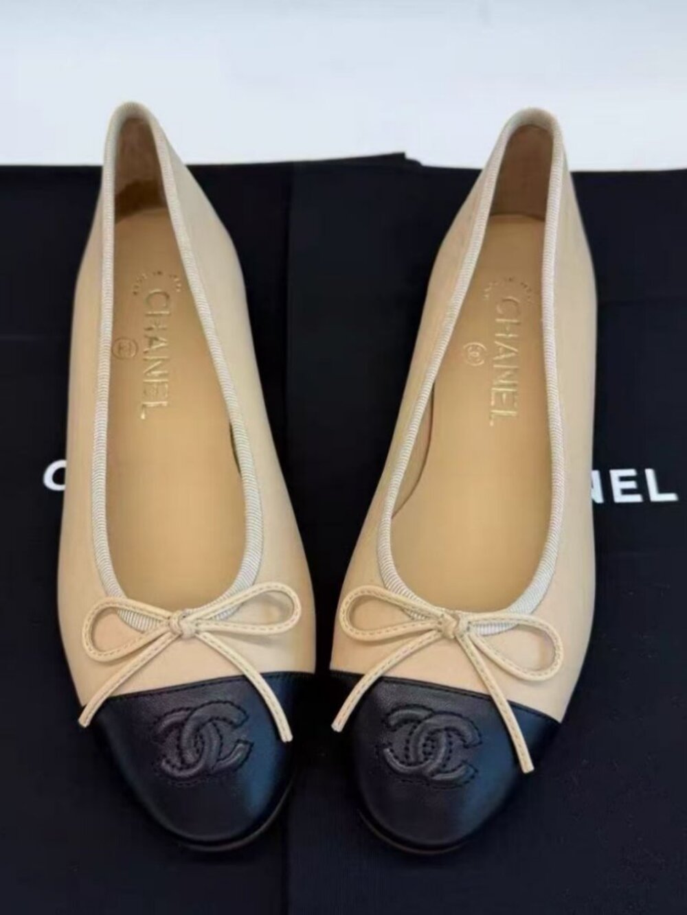 CHANEL Two Tone Leather Bow Ballet Flats